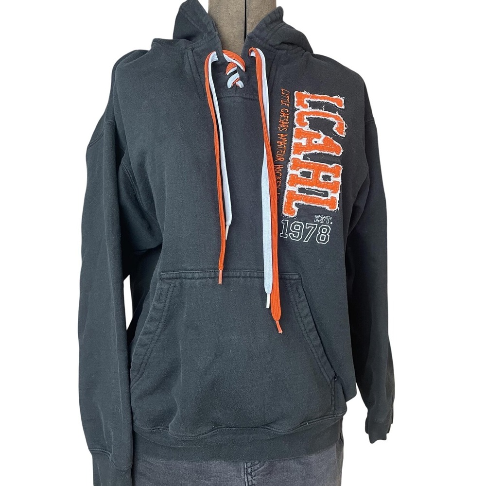 Mens‎ (M) Black Hoodie LCAHL Amateur Hockey Pennant Orange Fabric Letters Cotton